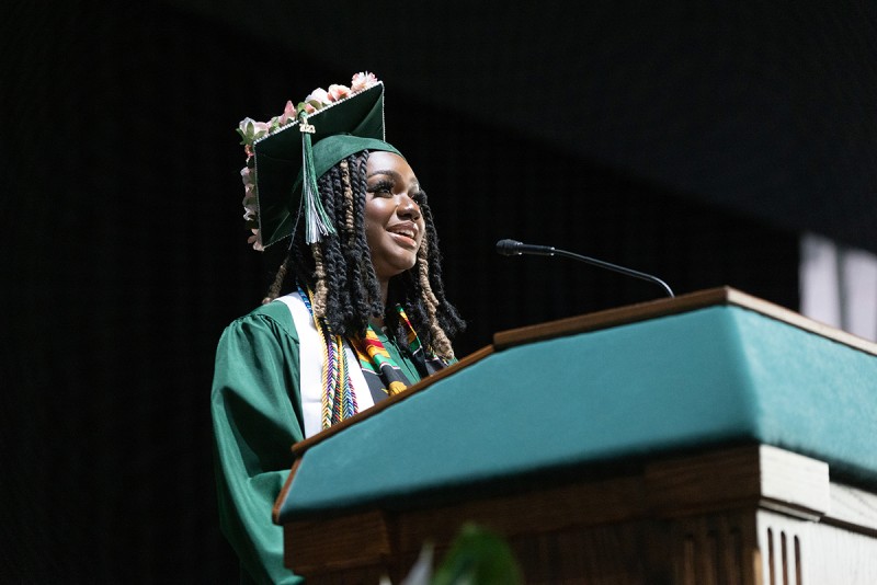 Bryana Thompson '23, a mechanical engineering major, talked about overcoming challenges at the 2023 Commencement for the Thomas J. Watson College of Engineering and Applied Science.