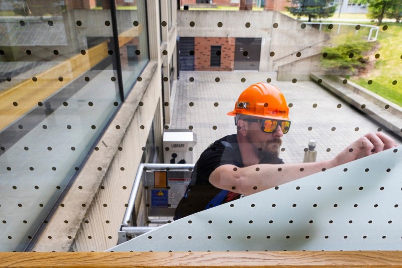 John Boughton, an installer with Speedpro Imaging installs a bird deterrent film on glass between Science Library and Science 2, May 24, 2023.