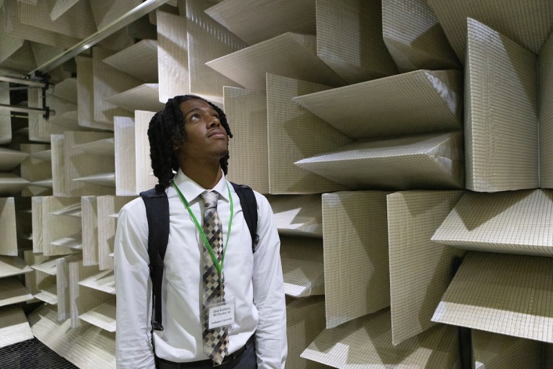 As part of the Emerging Technology and Broadening Participation Summit, Tuskegee University undergraduate Zion Reliford received a tour of Binghamton University's Anechoic Chamber at the Innovative Technologies Complex.