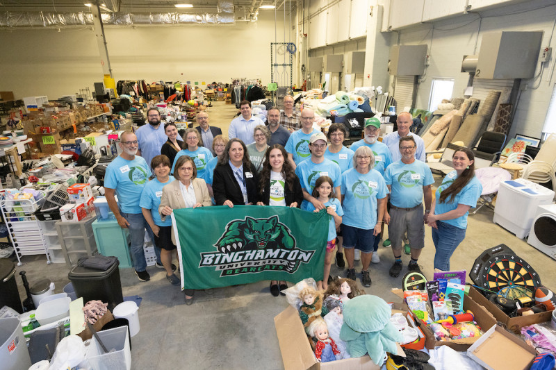 Members of the Move Out Project gather at the Binghamton University Foundation Building in Johnson City each year to view all the donated items Binghamton University students gave to charity.