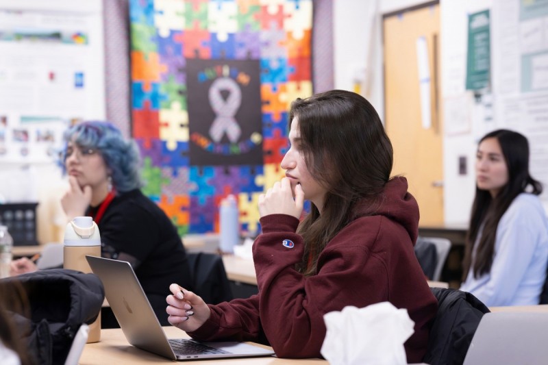 Distinguished Service Professor of Psychology Raymond G. Romanczyk teaches Psych 476: Society, Science and ASD at the Institute for Child Development, April 7, 2025. Pictured here, student Alana Brower listens.