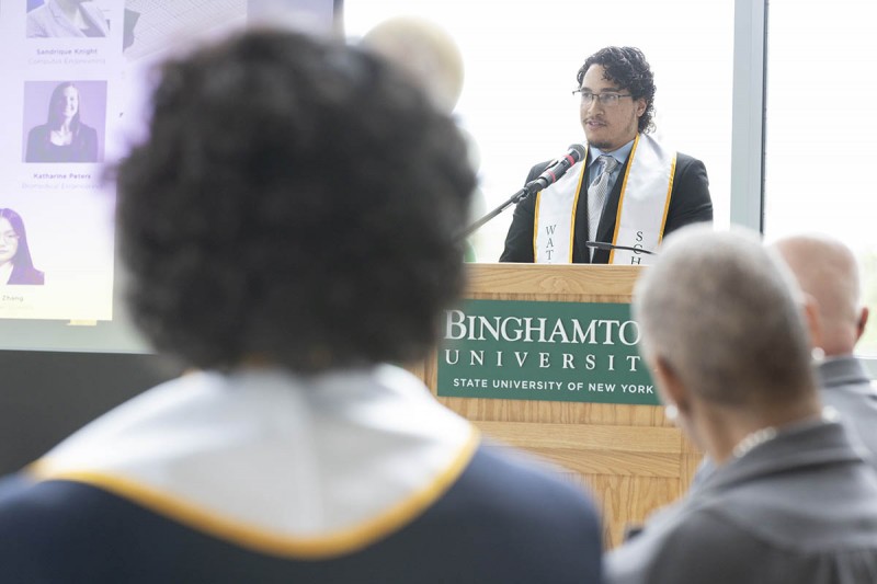 Ray Inoa '25 spoke at the Watson College Scholars Program end-of-year event in May at the Innovative Technologies Center. During his college career, he had to return to New Jersey for one year but was thrilled to return to Binghamton University.