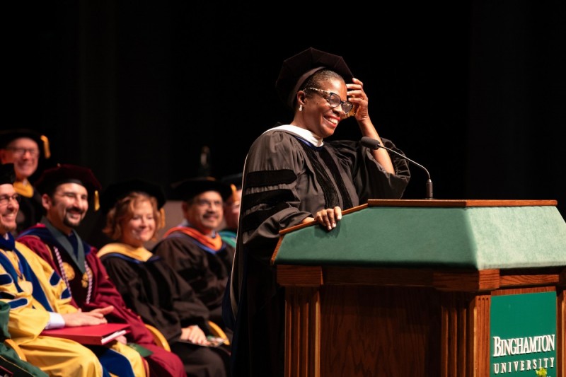 History Professor and Director of the Harriet Tubman Center for Freedom and Equity Anne C. Bailey gives the keynote speech during the Doctoral Hooding ceremony on May 15, 2025.