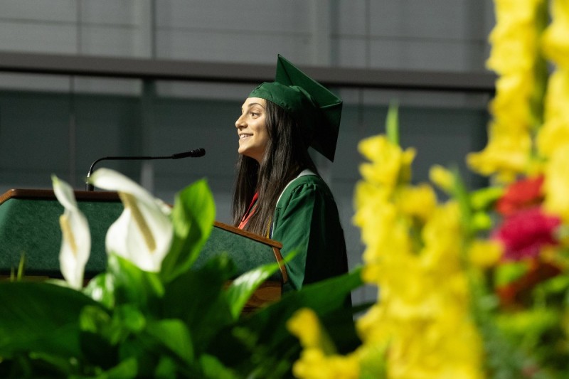 Veronica Raffele speaks to her peers during the second Harpur Commencement ceremony on May 17, 2025.