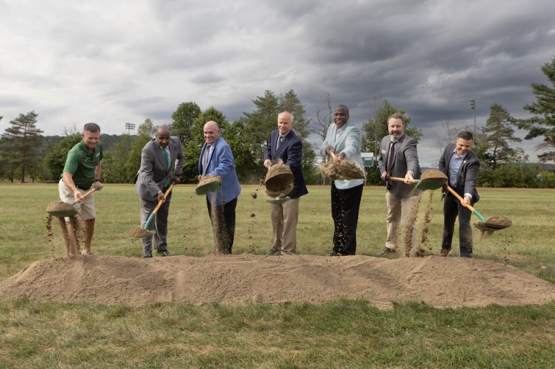 From left: Track and Field Head Coach Mike Thompson, Director of Athletics Eugene Marshall Jr., Vice President for Student Affairs Brian Rose, President Harvey Stenger, Visions Federal Credit Union CEO Ty Muse, Vice President for Advancement David K. Whitmore and Visions Federal Credit Director of Branding and Public Relations Timothy Strong took part in a groundbreaking ceremony for the Visions Federal Credit Union Track & Field Facility, Aug. 19.
