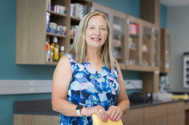 Sarah Spinler, PharmD, FAHA, FCCP, FSHP, AACC, Professor of Pharmacy Practice at the School of Pharmacy and Pharmaceutical Sciences, photographed at the Pharmacy Building's Skills Lab.