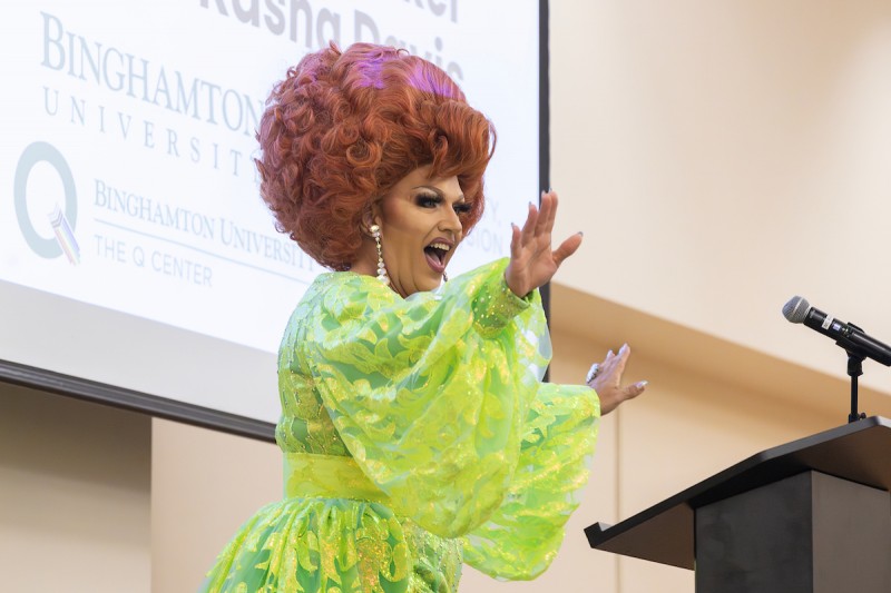 Mrs. Kasha Davis, a well-known drag queen from Rochester, N.Y., who has advocated for queer youth through initiatives like Imagination Station and local drag queen story hours, was the keynote speaker for the Queer Youth Conference on Tuesday, Oct. 21, in the Mandela Room of the Union.