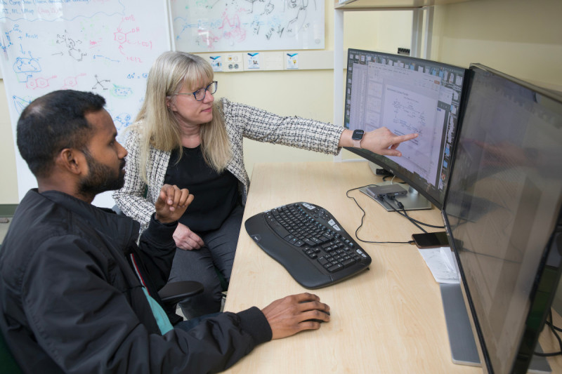 Associate Professor of Chemistry Jennifer Hirschi speaks with postdoctoral researcher Tamal Das in her lab at the Innovative Technologies Complex on July 22, 2026.