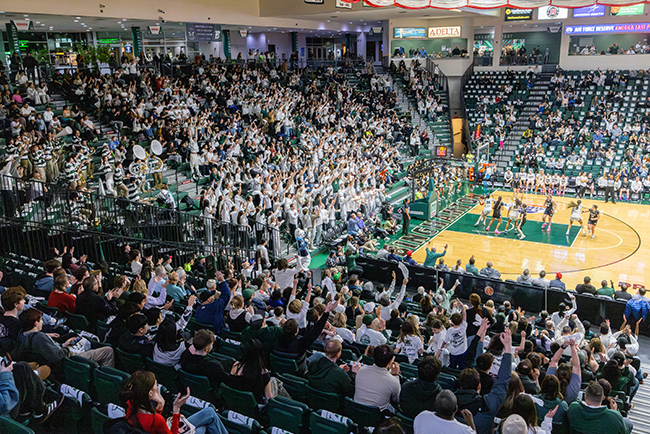 Fans support the women's basketball team during an America East Conference playoff game in March 2026. Binghamton, which has 21 intercollegiate sports programs (and will add women's flag football in 2028), consistently leafs the conference in attendance.
