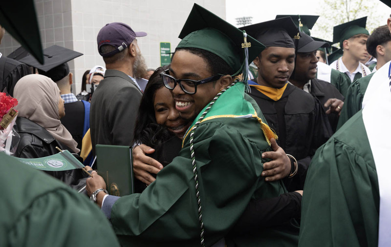 A graduate celebrates after earning a bachelor's degrees at the 2026 Commencement ceremony for Binghamton University's Thomas J. Watson College of Engineering and Applied Science.