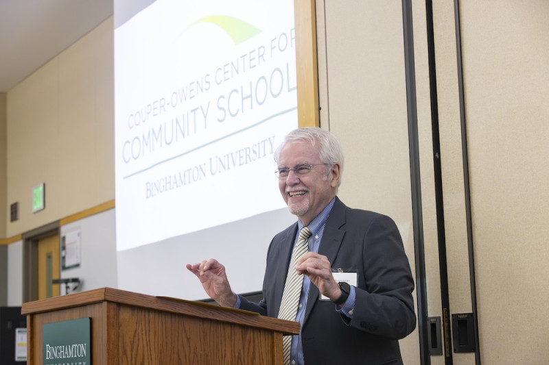 Robert Kochersberger speaks at the dedication ceremony for the newly renamed Couper-Owens Center for Community Schools at the University Downtown Center on Sept. 26. The Owens part of the new name honors Kochersberger's mother, Marjorie Mae Owens, a school nurse.