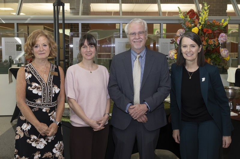 Dean of the College of Community and Public Affairs and Couper-Owens Center for Community Schools Founding Director Laura Bronstein, Annie Owens Kochersberger (daughter of Kochersberger), Robert Kochersberger, and President Anne D'Alleva at the Sept. 18 dedication ceremony for the newly renamed Couper-Owens Center for Community Schools.