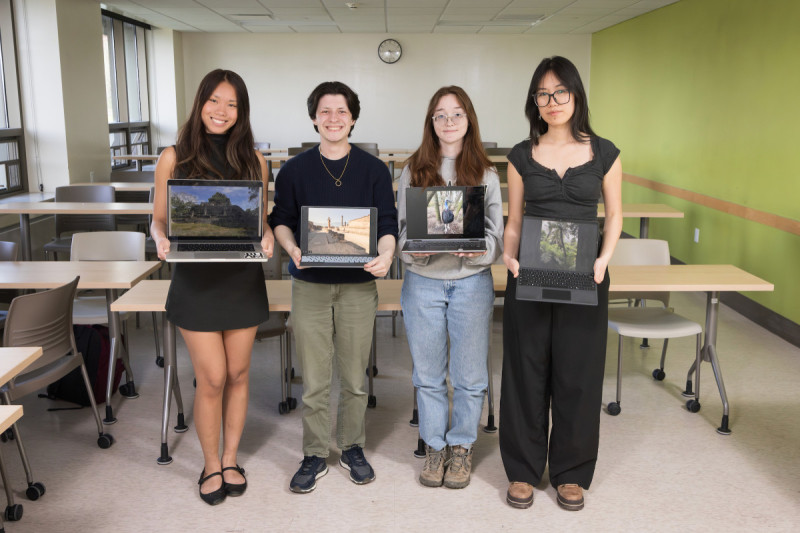 Left to right: Provost’s International Internship Fellows Rachel Aung, Zachary Powell, Jenna Allen, and Rui Zheng share scenes of their overseas research trips.