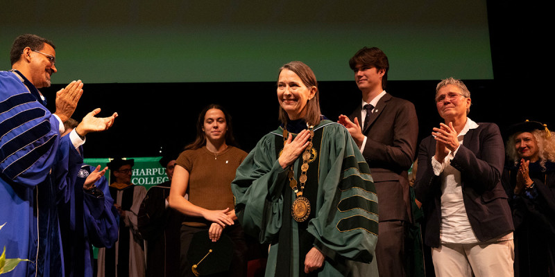 Anne D'Alleva, joined by her family and SUNY Chancellor John B. King Jr. (left), was inaugurated as Binghamton University's eighth president during a ceremony on Friday, Oct. 2, 2026, at the Anderson Center Osterhout Concert Theater.