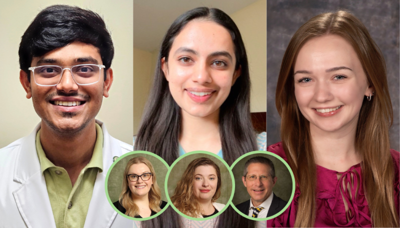 Students Dev Patel, Vaishvi Gandhi, and Roisin Daly; Clinical Associate Professor of Pharmacy Practice Emily Leppien, Clinical Assistant Professor of Pharmacy Practice Alex Rola, and Chair and Clinical Professor of Pharmacy Practice Kenneth “Mac” McCall