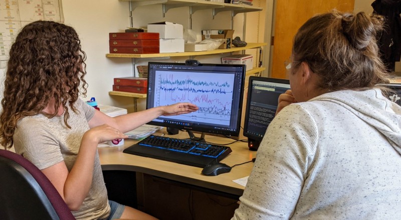Postdoctoral researcher Adriane Lam and Assistant Professor Molly Patterson making sense of new geochemical data obtained from planktic foraminifera.