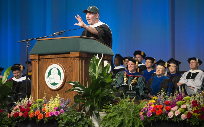 Tony Kornheiser, a sportswriter and radio and TV host, addresses Harpur College graduates during a May 21 ceremony.