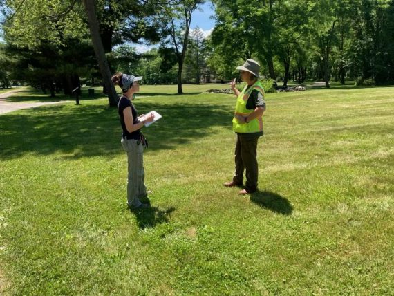 Graduate student intern from the Binghamton MAPA program Kristin Clyne-Lehmann (left) with NPS archeologist Amy Roache-Fedchenko, pictured onsite in June 2022 discussing plans for the upcoming summer program.