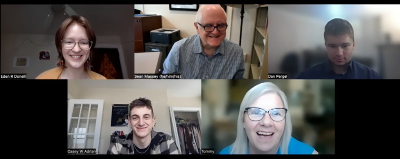 Clockwise from left: A Zoom interview between Eden Lowinger ’23, MSW ’25; Binghamton University Associate Professor of Women, Gender and Sexuality Studies Sean Massey;  Dan Pergel ’23; GMHC interview subject Tommy Thomson; and Casey Adrian ’22, MSW ’24.
