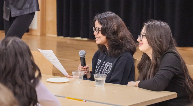 Carla Taveras, a Vestal eighth grader, participated in a scripted conversation highlighting examples of good dialogue during a civil dialogue workshop held on campus in March.