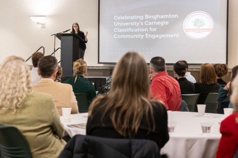 Members of the campus and local community came together for the event to reflect on the work that led to the achievement and to highlight the many ways Binghamton students, faculty and staff engage with organizations across the region.