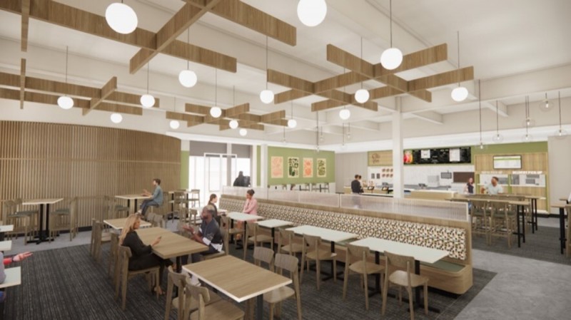 A rendering of the Chenango Room space shows the Panera Bread storefront expected to be complete in Spring 2026.
