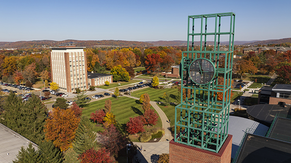 The clock tower is part of the University Union, overlooking the Peace Quad and The Spine.