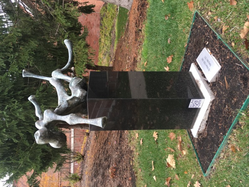 One of the sculptures featured in the Binghamton University Art Museum Scavenger Hunt. A QR code directed seekers to the next clue.