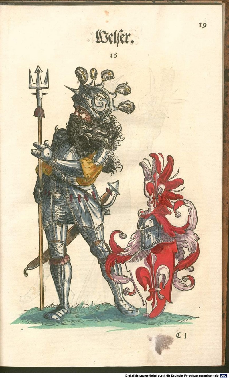 The Welser clan and crest in idealized armor, from Paul Hector Mair's 