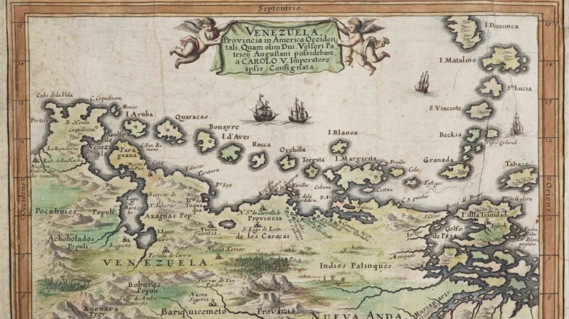 This map of Venezuela created by an Augsburg-based cartographer, Emmanuel Stenglin, mentions that Venezuela was possessed by the Welsers, patricians of Augsburg, on orders from Emperor Charles V.