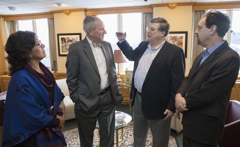 Nadia Rubaii, associate professor of public administration, Provost Donald Nieman, Owen Pell '80, LLD '11, and Max Pensky, professor of philosophy, discuss the Institute for Genocide and Mass Atrocity Prevention. Rubaii and Pensky will co-direct the Institute.