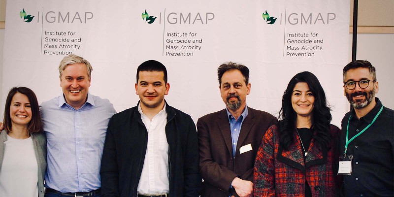 Members of the Institute for Genocide and Mass Atrocity Prevention team at its international Frontiers of Prevention conference for 2021-22 academic year. From left to right: Tutku Ayhan (Charles E. Scheidt Postdoctoral Fellow); Kerry Whigham (co-director); Waheed Ahmad (Charles E. Scheidt Resident Practitioner); Max Pensky (co-director); Saghar Birjandian (Charles E. Scheidt Postdoctoral Fellow); Jaime Godoy (Fulbright Scholar-in-Residence).