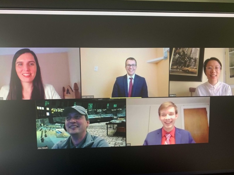 A screenshot of Binghamton University's 2020 IBA competition team on Zoom celebrating their win with faculty mentor Alex Nikulin.