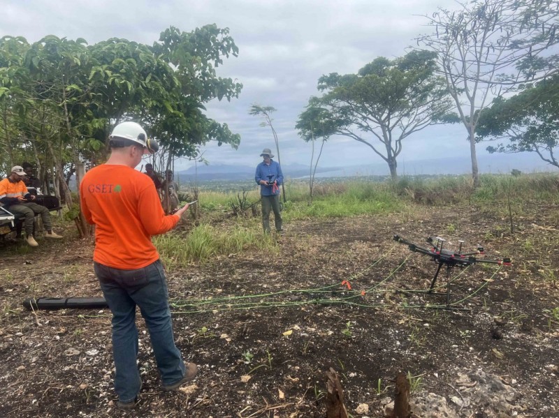 Associate Professor of Geography Thomas Pingel (right) and geological sciences master’s student Colin Mulhern (right) coordinate drone-based research in the Solomon Islands.