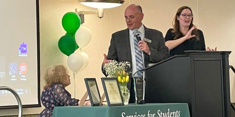 Vice President for Student Affairs Brian Rose introduced B. Jean Fairbairn who presented the B. Jean Fairbairn Access Award to Jessica Treadwell, assistant director of Residential Life.