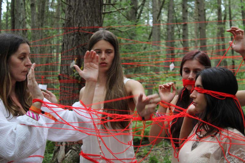 Claire Goldstein ’24; Kelly Fancher, MFA ’25; Sydney Ferreira ’24, MBA ’25; and Margo MacWilliams, BFA ’25, perform at the Bethel Woods Art & Architecture Festival.