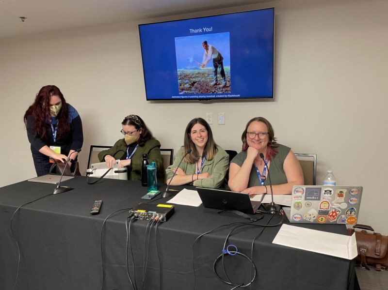 Binghamton University Art Museum intern Eliana Ellerton, second from right, and museum's Curator of Collections and Exhibitions Claire Kovacs, right, participate in a panel discussion on inclusive metadata at the Museum Association of New York Conference in Syracuse.