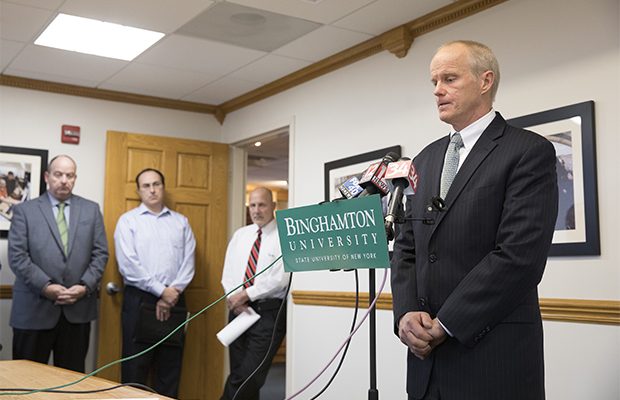President Harvey Stenger speaks to the media at a news conference Monday afternoon, announcing a $10,000 reward for anyone who has information leading to the successful conclusion of the hit-and-run accident that killed 20-year-old Stefani Lineva, a member of the University's tennis team, early Saturday morning.