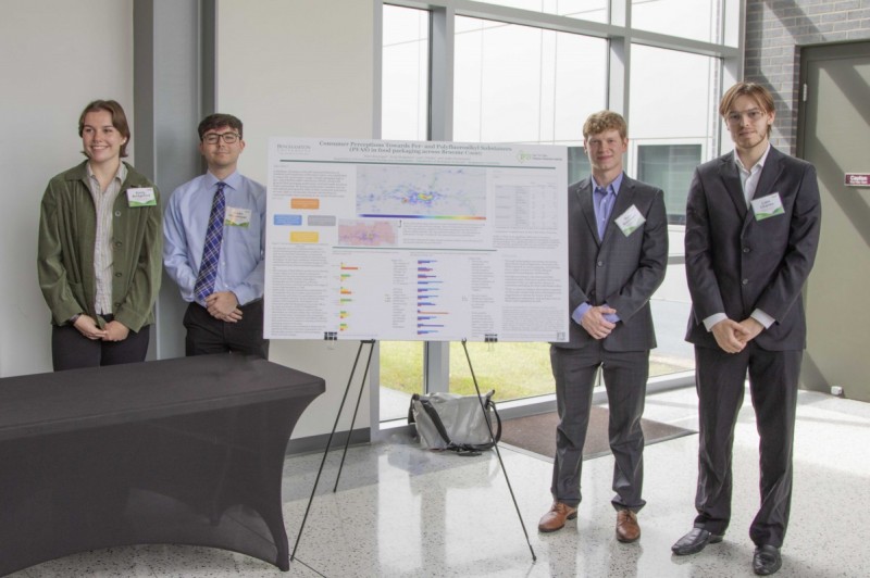 Left to right: Emily Bridgeford, Justin Havemeyer, Ryan Brannigan and Liam Charles present their research on food containers and per- and polyfluoroalkyl substances (PFAS).