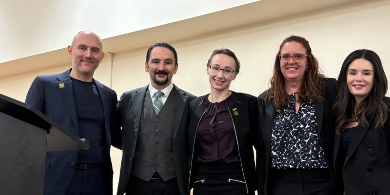 From left, speakers at the 2026 Kresge Center Lecture were: Maxim Topaz, Dean Mario R. Ortiz, Laura-Maria Peltonen, Ann Fronczek and Meghan Reading Turchioe.