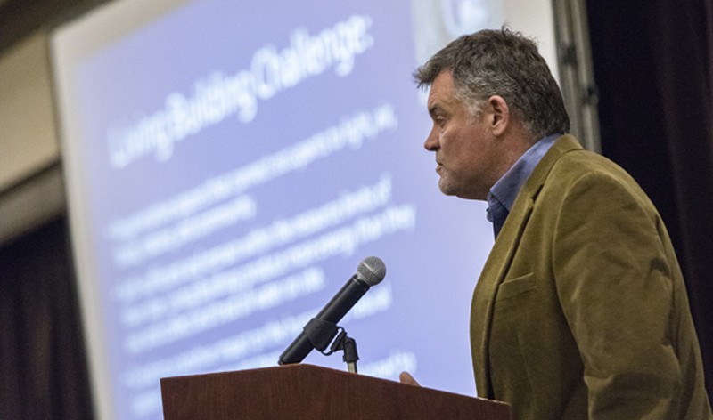 Carl Lipo, anthropology professor and director of the Environmental Studies Program, discusses sustainability during the University Forum on Feb. 8.