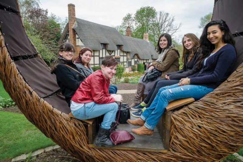 Binghamton University students visit the Stratford home of Anne Hathaway, Shakespeare’s wife.