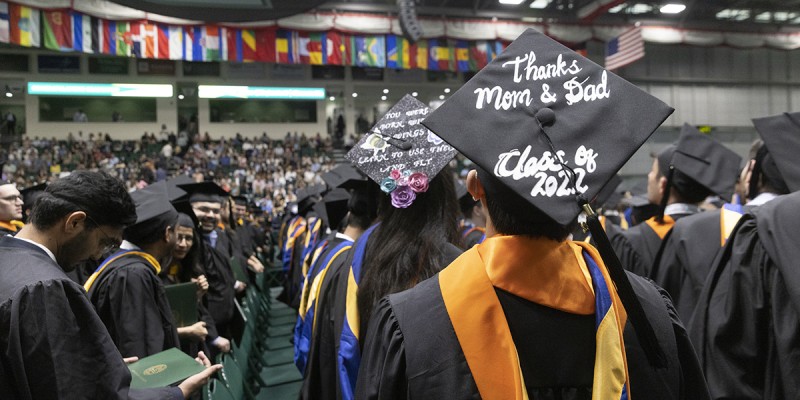 One master's graduate's mortarboard spoke for many.
