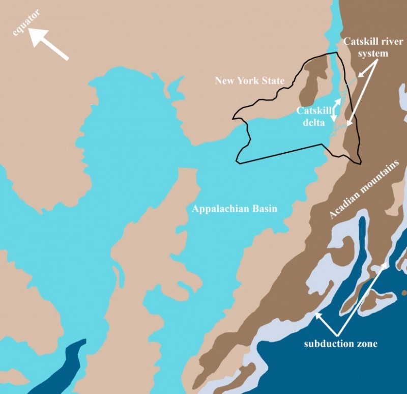 A graphic showing New York State during the Middle Devonian Period