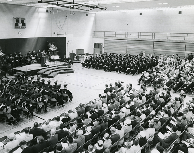 The first Commencement ceremony on the Vestal campus took place in June 1959 in the new East Gym.