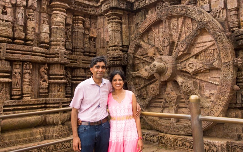 Subhachandra Chandra, MS ’95, and Nandita Dukkipati (seen here at the Konark Sun Temple in India) endowed a new scholarship at the Watson School earlier this year. Below right: Watson students help children build popsicle-stick catapults to learn about projectiles and energy transfer.