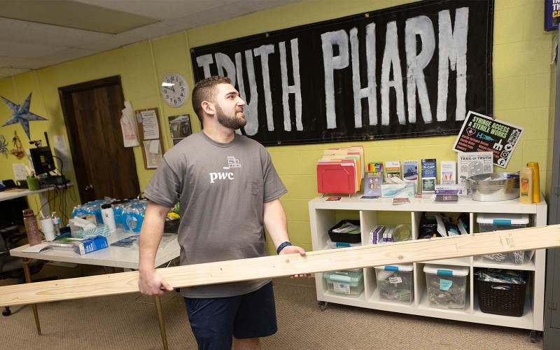 Students involved with the Binghamton University School of Management's PwC Scholars performed renovations at Truth Pharm, a Binghamton, N.Y., nonprofit that advocates for policy changes to reduce harms caused by substance abuse, as part of their annual community service project.