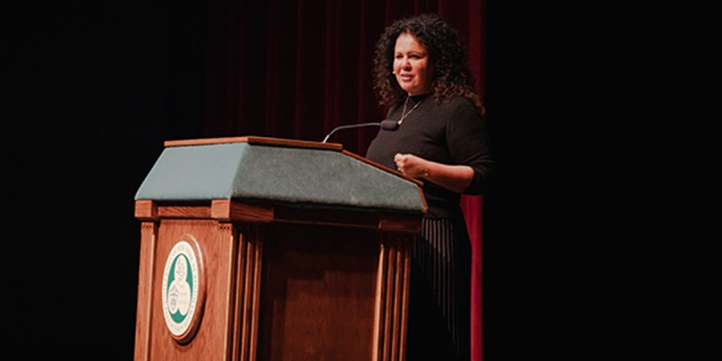 Author Safiya Noble speaks to the campus as one of the Common Read Experience events about digital media and how it overlaps with racial, gender, cultural and technological issues.