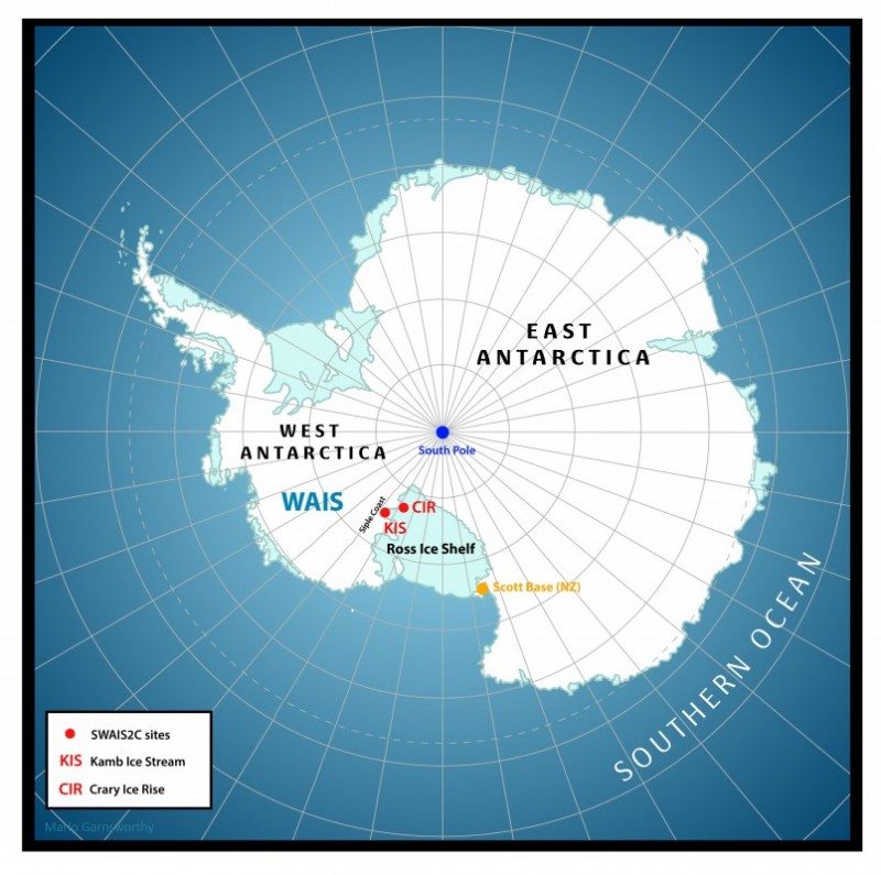 A map showing drilling sites for an upcoming research trip to Antarctica, part of the Sensitivity of the West Antarctic Ice Sheet to 2 Degrees of Warming project.