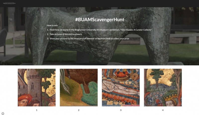 Clues in the Binghamton University Art Museum's Scavenger Hunt, which had students find the artwork from which these snippets of image were taken.